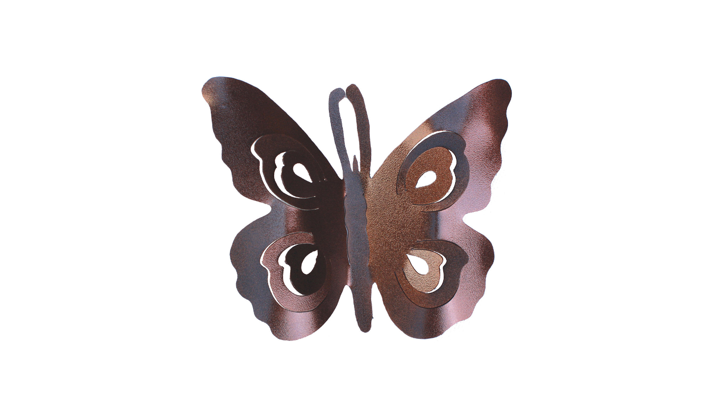 Mariposa Mediana 1 Pza. Descripción del producto: Medidas: Altura 35 cm. x 35 cm. Material: Lámina. Color: Negro/chocolate. Acabado: Pintura horneada. ACC021 $220