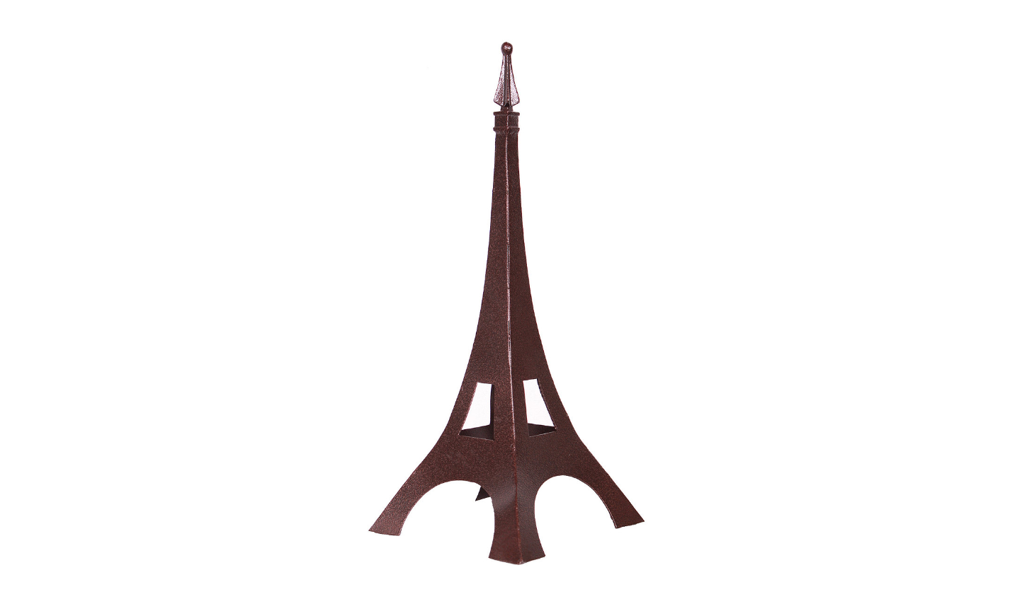 Candelero Torre París con vela. Descripción del producto: Medidas: Altura 42 cm. x 29 cm. Material: Lámina negra calibre 18. Color: Negro/chocolate. Incluye 1 vela color marfil. Acabado: Pintura horneada. CAND022 $700