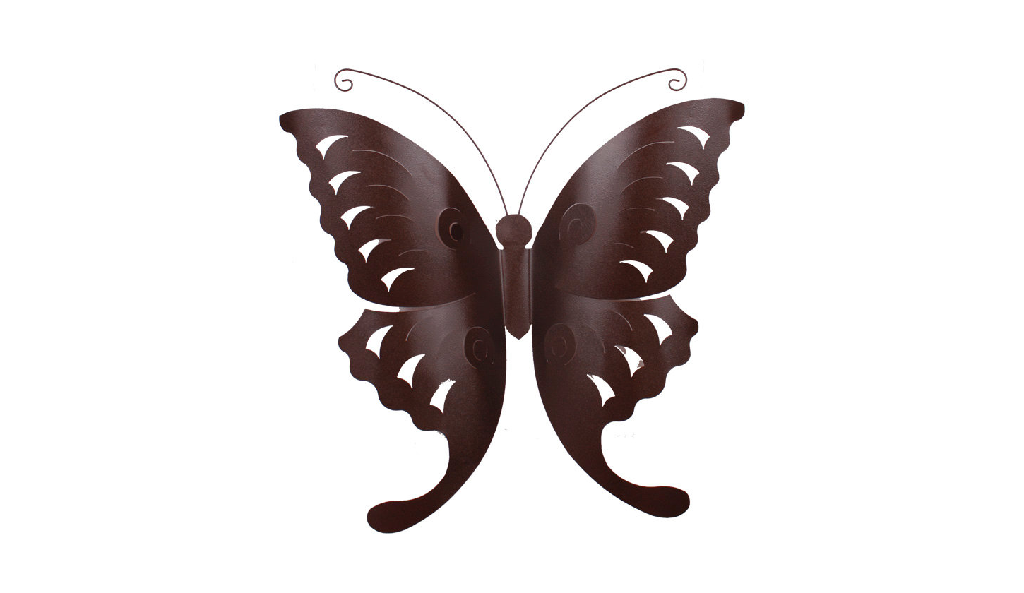Lámpara Mariposa gigante. Descripción del producto. Medidas: Altura 100 cm. x 100 cm. Material: lámina. Luz: para 1 foco normal. Color: negro/chocolate. Acabado: pintura horneada. LAM005 $1500