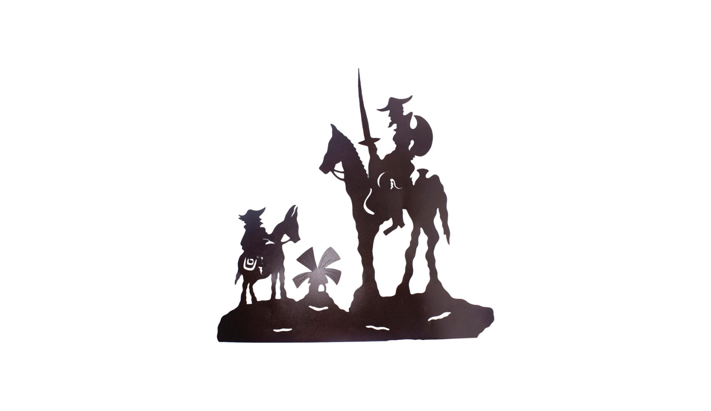 Lámpara silueta Quijote gigante. Descripción del producto. Medidas: Altura 120 cm. x 120 cm. Material: lámina, Luz: para 2 focos normales, Color: negro/chocolate, Acabado: pintura horneada. LAM014 $1600