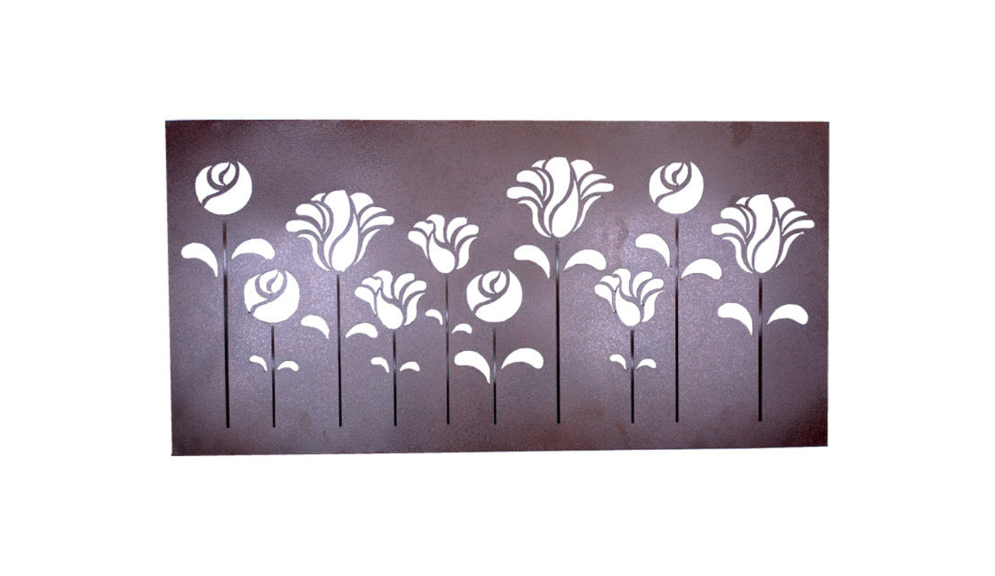 Lámpara Tulipanes Descripción del producto. Medidas Altura 60 x 120 cm. Material: lámina. Luz: 1 lampara de gabinete. Color: negro/chocolate. Acabado: pintura horneada. LAM021 $2000